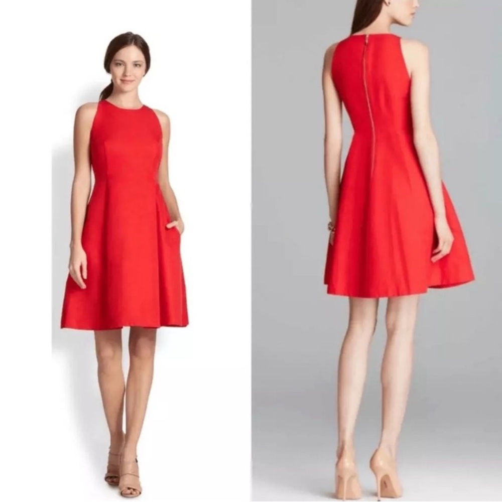 NWT KATE SPADE Angelika Monaco Red Lacquered Silk Blend Fit & Flare Dress Size 4